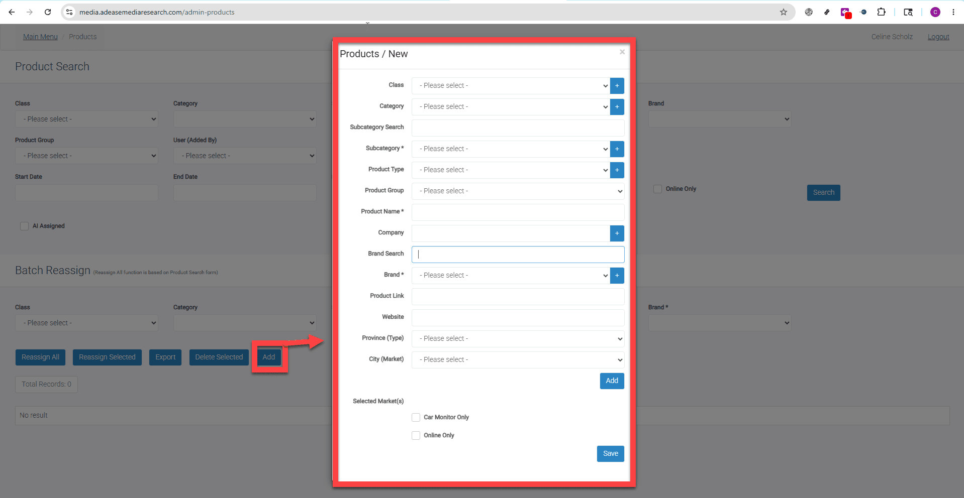 Products page — Add button location